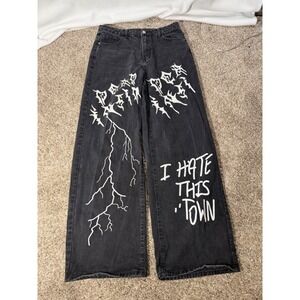 SHEIN Women Black Wide Leg Graphic Jeans I Hate This Town Lightning Bolt L
